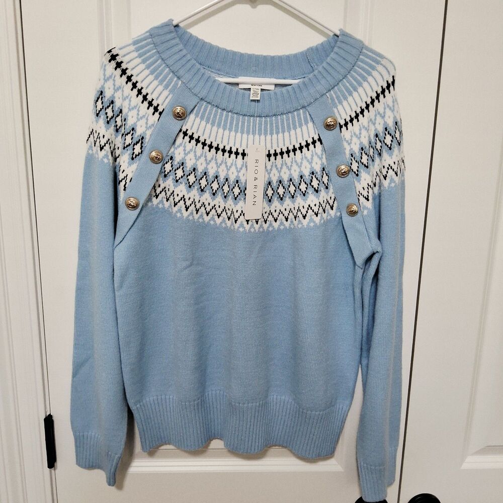 Rio & Rian Fair Isle Knit Light Blue Sweater w/Gold buttons Size X-Large NWT